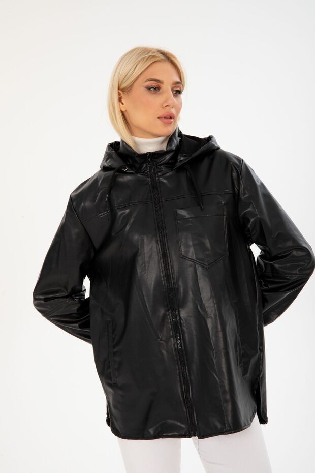 Deri Oversize Kapüşonlu Yağmurluk - 4