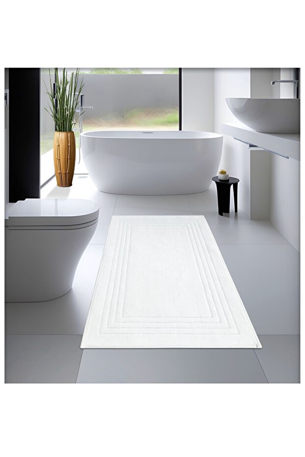 Cotton Woven Water Absorbent Bath Mat, Bathroom Rug Vera 60X100 cm White
