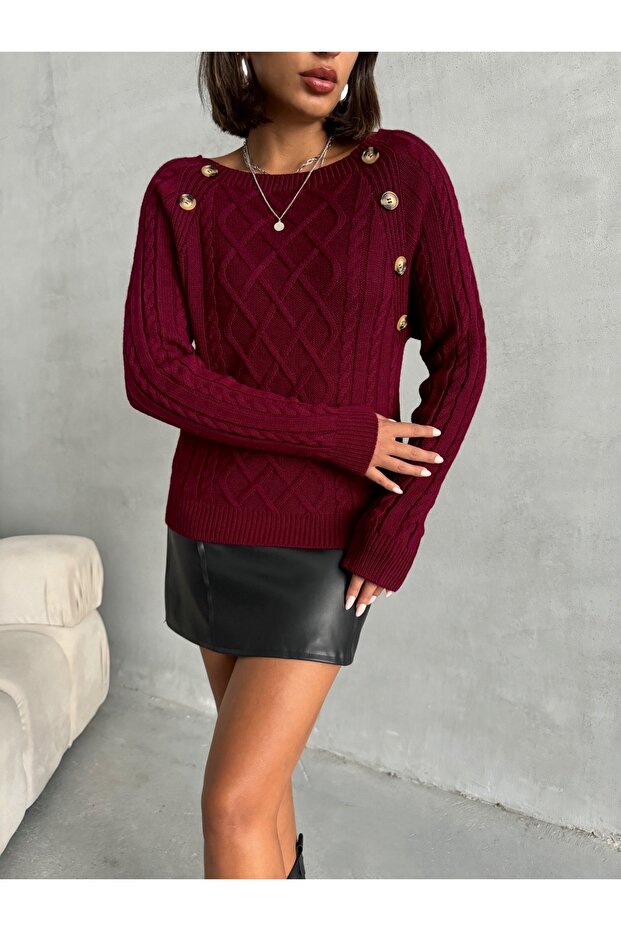 Boat Neck Diamond Patterned Buttoned Sweater - 7