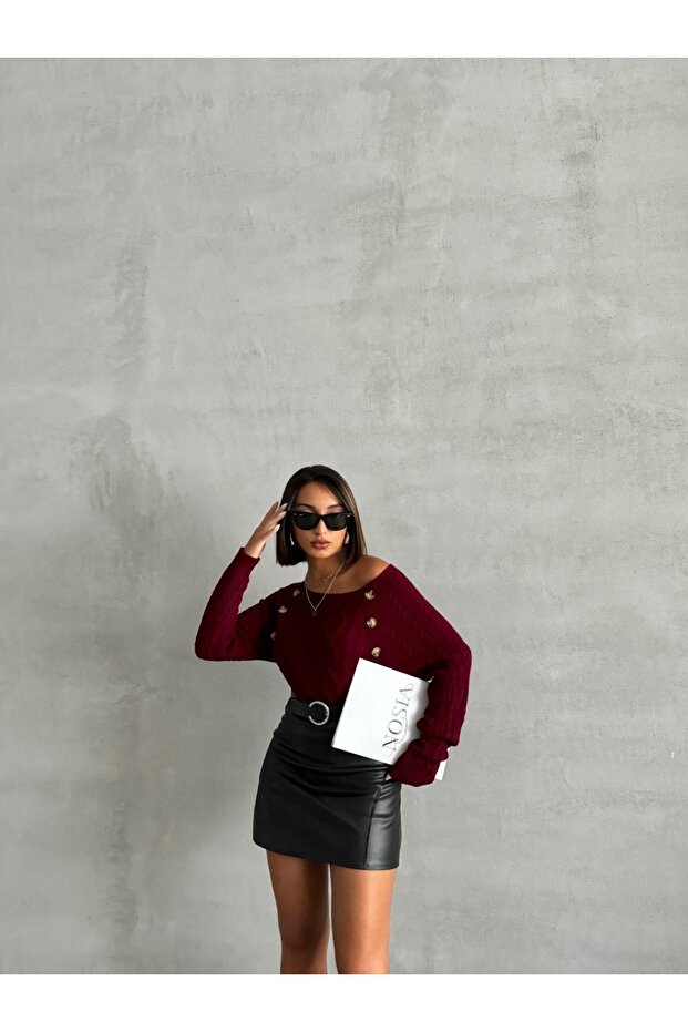 Boat Neck Diamond Patterned Buttoned Sweater - 2