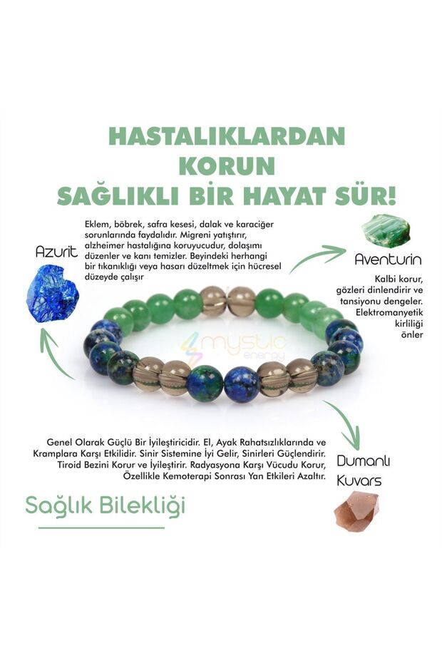 100% Real Natural Stone Healing and Health Bracelet |   Azurite, Aventurine, Smoky Quartz Natural Stone