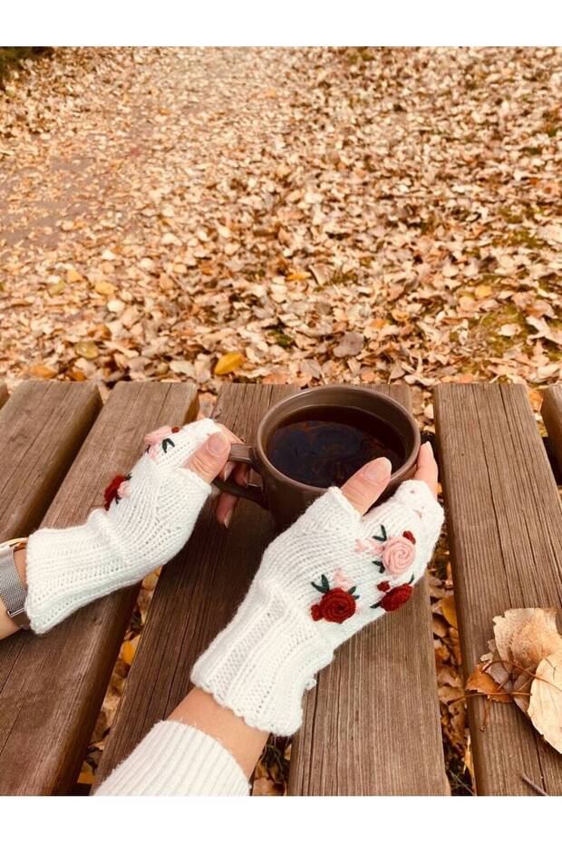 Parmaksız Çiçek İşlemeli Eldiven, eldiven , Tığ işi eldiven - 2