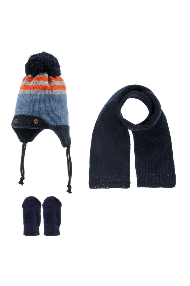 0-12 Months Baby Boy Scarf Beanie Gloves Set, Set of 3