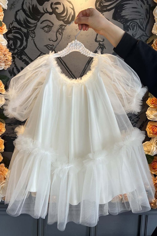 Hayal Tulle Gathered Ruffled Girls' Dream Satin Off-White Mevlüt Evening Dress