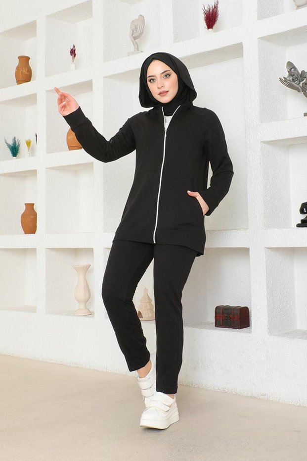 Black Hooded Tracksuit Set - Pocket Detailed Brc1602