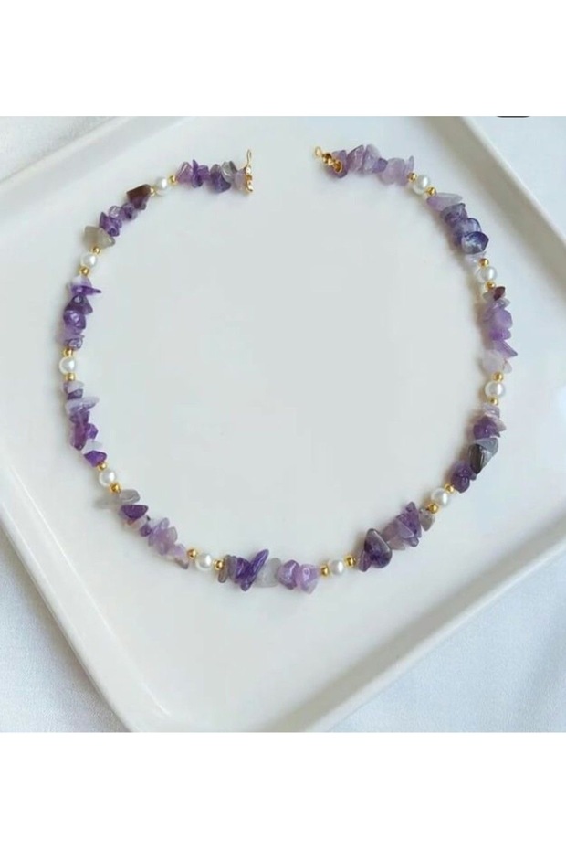 Amethyst Purple Color Natural Stone Pearl Detailed Plated Cracked Stone Necklace