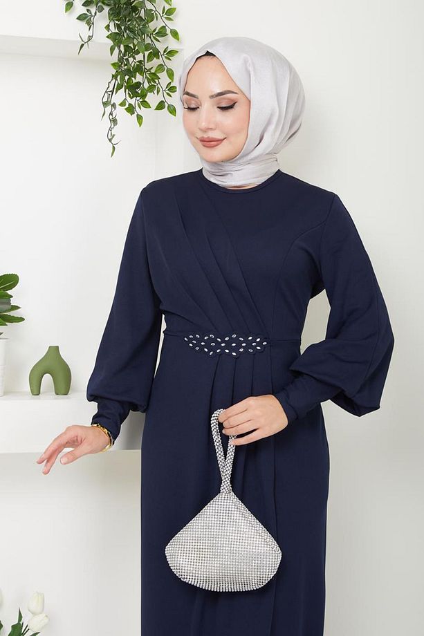Kadın Giyim Abiye Moda Aplike Taşlı Uzun Günlük Abiye Elbise 2723 Lacivert - 5