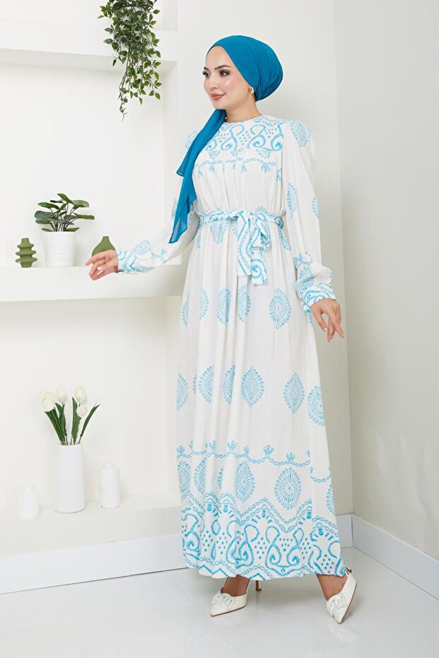 Blue Patterned Linen Evening Dress - Long Hijab Dress 15143