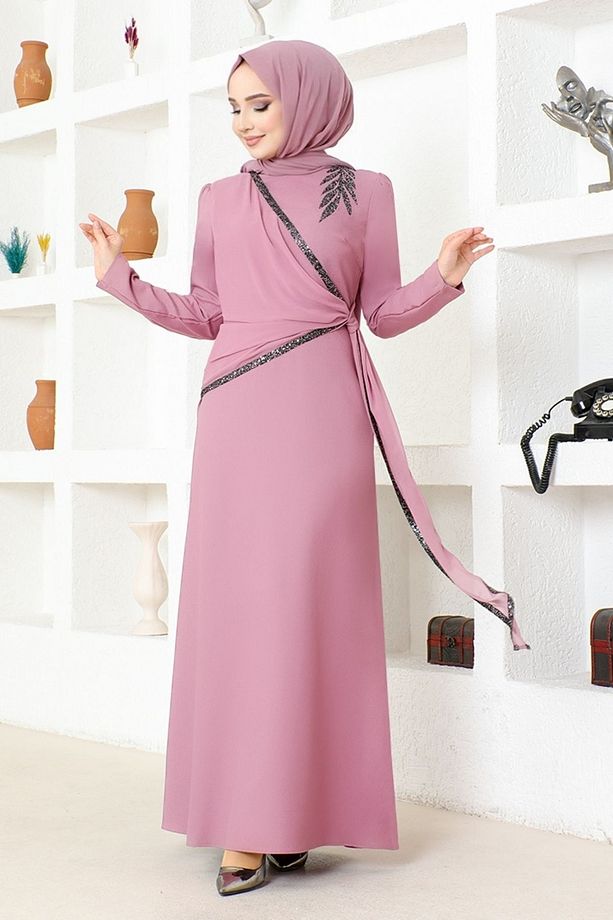 Kadın Giyim Abiye Moda Pul Aplikeli Krep Abiye Tesettür Elbise 2691 Gül Kurusu - 3