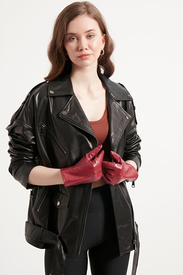 Women's Genuine Leather Jacket with Waist Belt Oversize Model