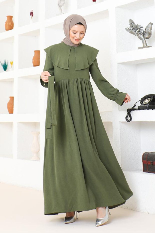Cape Collar Detailed Belted Hijab Dress Brc1125 Khaki