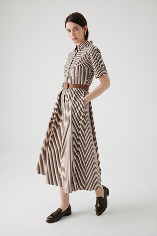 Striped Shirt Collar Midi Dress - with Belt and Waist Seat