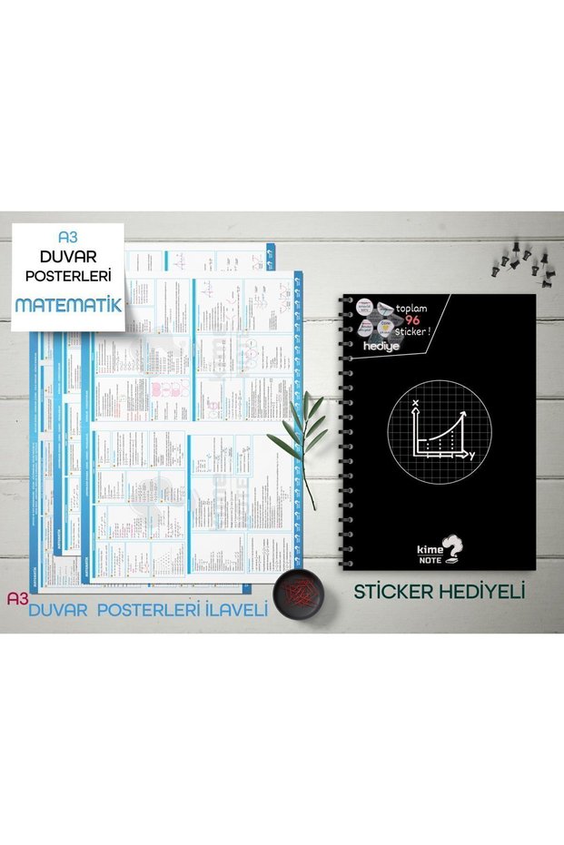 Tyt Checkered Mathematics School Notebook with Subject Narrative 3 Large Posters 96 Stickers Gift 9-10-11-12. Grade