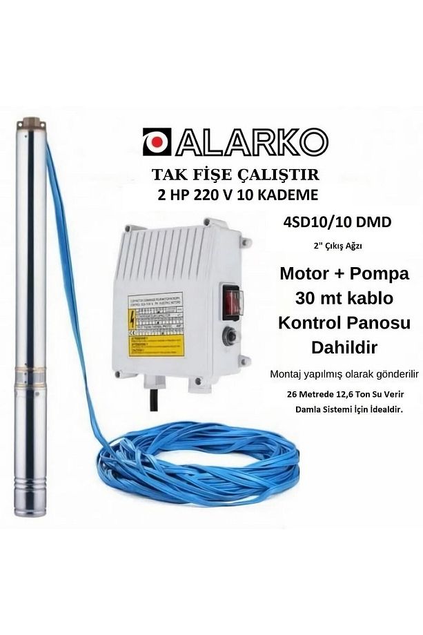 Alarko 2 Hp 10 Kademe Derin Kuyu Dalgıç Pompa(30mt Kablolu Ve Pano Dahil)montaja Hazır Tak Çalıştır - 1