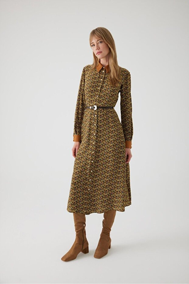 Desenli Uzun Kollu Regular Midi Elbise - 1