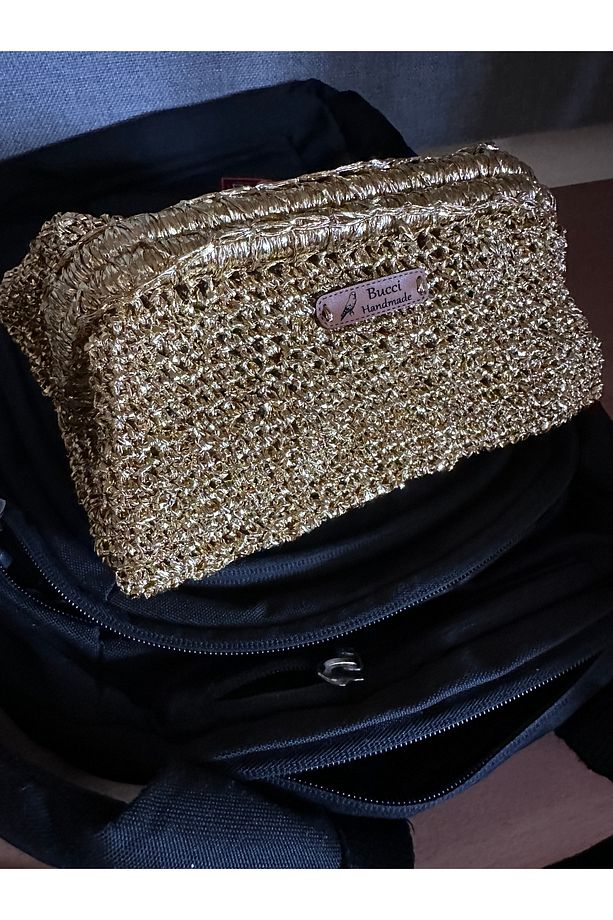 Handmade Clutch Çanta /El Örgüsü El Çantası / Metalik Ip Parlak Simli  Dore / Altın Renk - 8