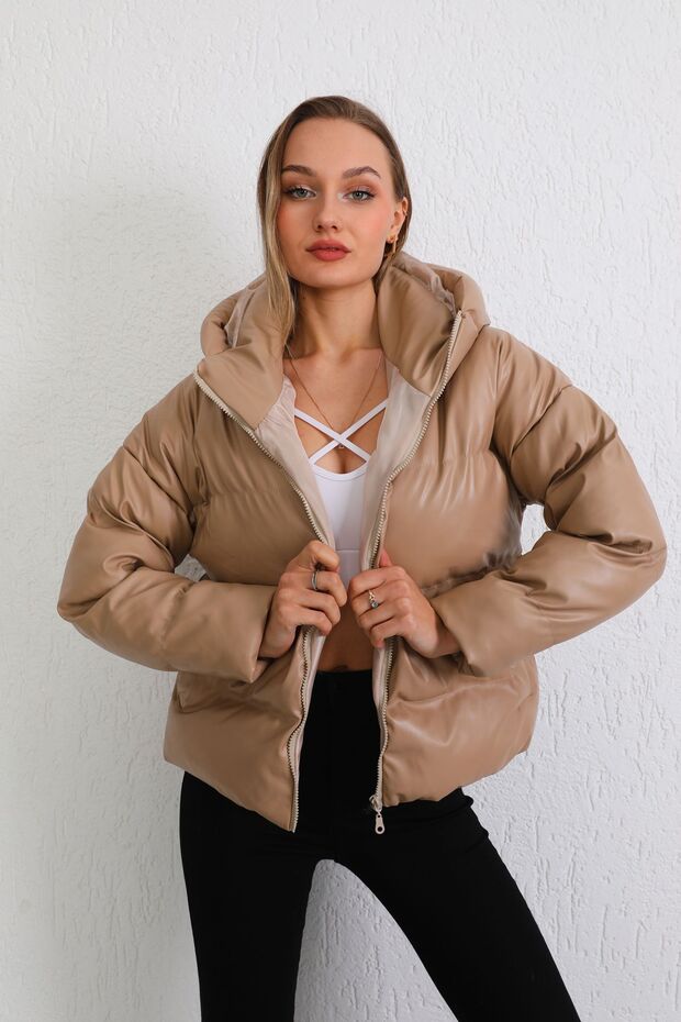 Women's Beige Leather Hooded Puffer Coat