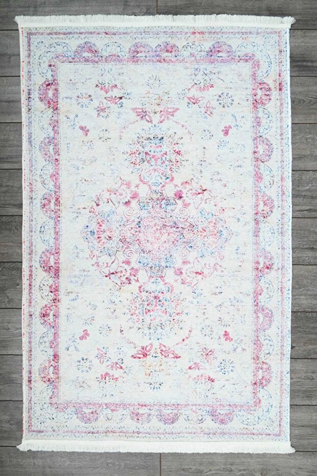 Classic Patterned Pink Chenille Machine Washable Fringed Non-Slip Base Carpet 7420