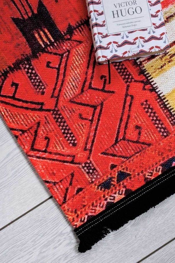 Patchwork Desenli Siyah Şönil Makina Halısı Yıkanabilir Saçaklı Kaymaz Taban Halı 7599 - 5