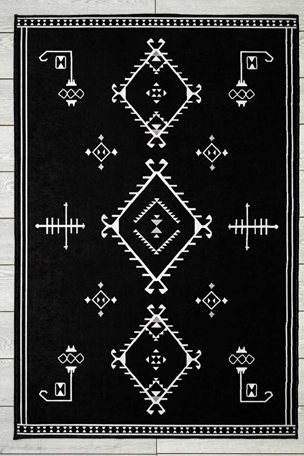 Scandinavian Patterned Black and White Washable Non-Slip Base Velvet Carpet 7735