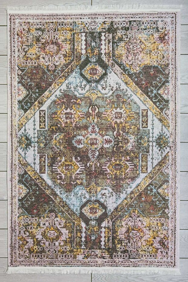 Classic Patterned Brown Chenille Machine Washable Fringed Non-Slip Base Carpet 7467