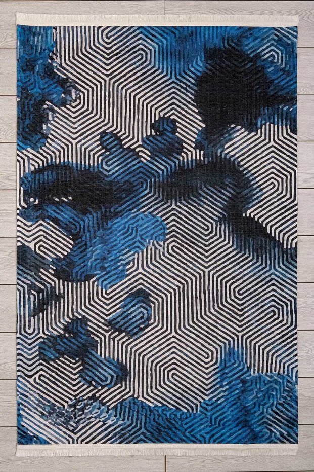 Modern Patterned Blue Washable Chenille Woven Fringed Non-Slip Base Living Room Carpet 7057