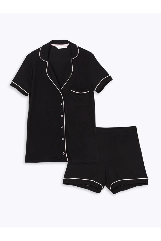 Lcw Dream New Black Shirt Collar Women's Shorts Pajama Set