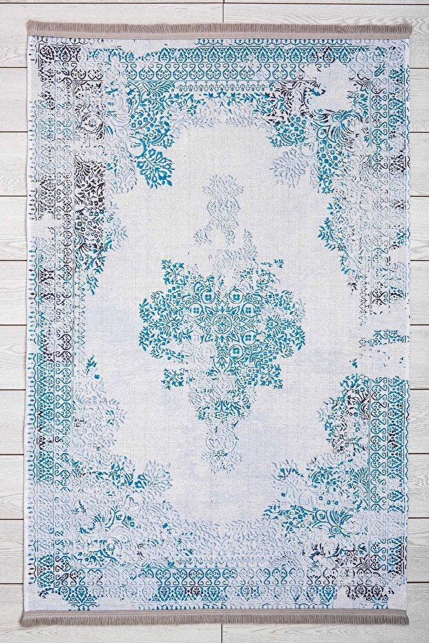 Avangarde Patterned Blue Washable Fringed Non-Slip Base Chenille Living Room Carpet 7424