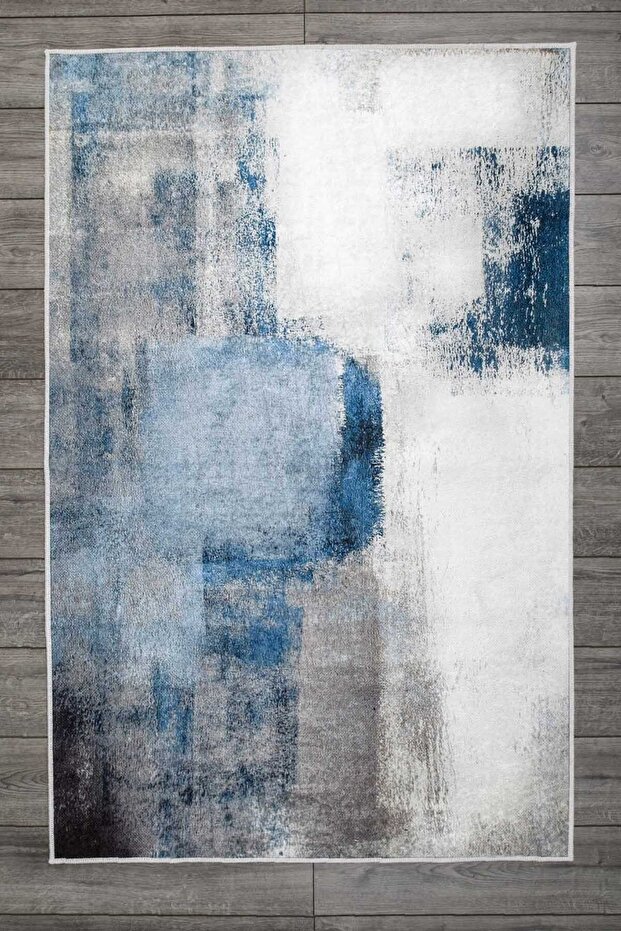 Abstract Patterned White Gray Blue Carpet Washable Velvet Non-Slip Base Carpet 7063