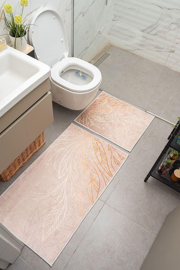 Yaprak Desenli Somon Kaymaz Taban Yıkanabilir Kadife 2'li Banyo Paspası 8711 - 1
