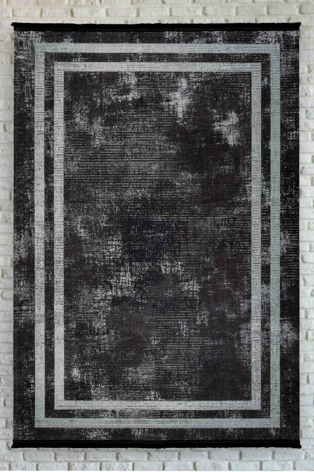 Bordered Black Gray Washable Non-Slip Base Chenille Carpet 8204