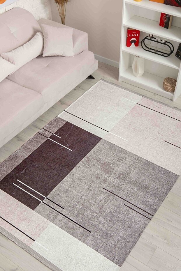 Modern Patterned Brown Chenille Machine Washable Fringed Non-Slip Base Entrance Carpet 8338