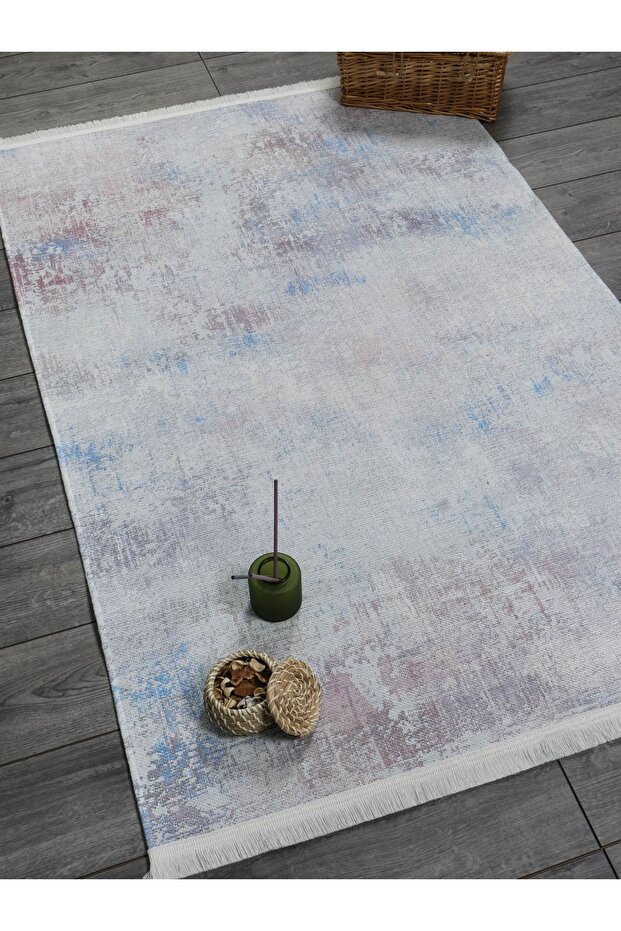 Abstract Patterned Lilac Blue Chenille Machine Washable Fringed Non-Slip Base Carpet 7305