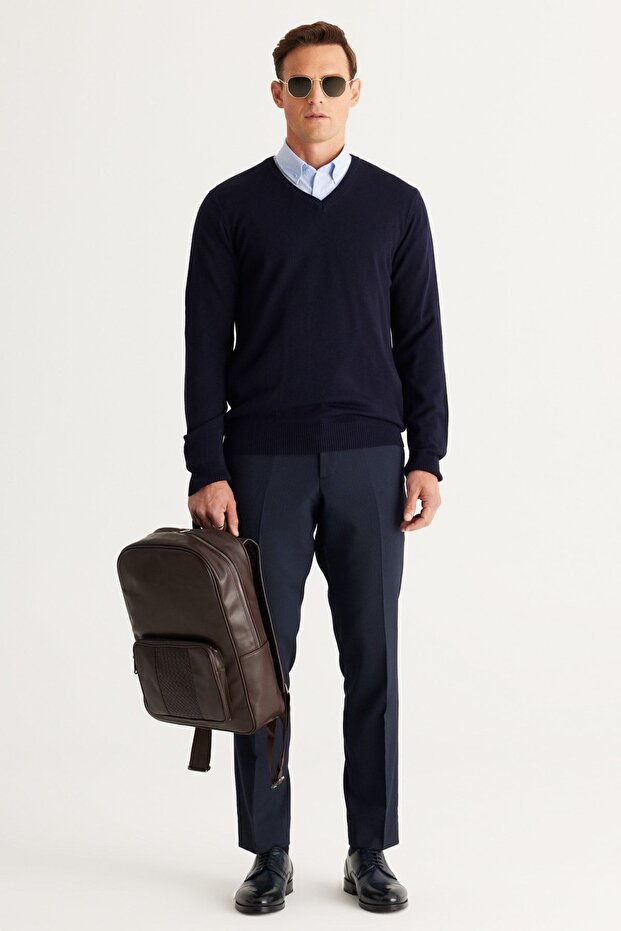 Erkek Lacivert Tüylenme Yapmayan Anti-pilling Standart Fit Normal Kesim V Yaka Triko Kazak - 6