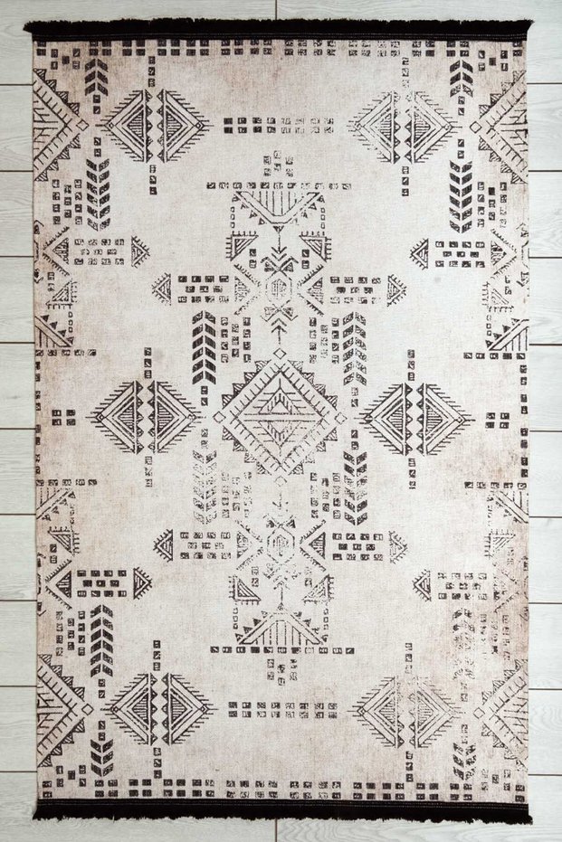 Scandinavian Patterned Beige Black Chenille Machine Carpet Runner Washable Hallway Carpet 7733