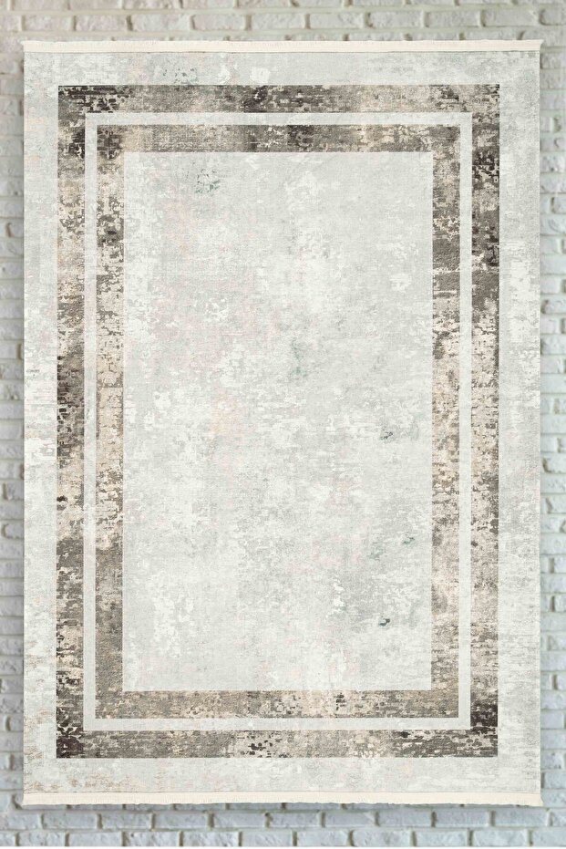 Bordered Light Gray Brown Washable Non-Slip Base Chenille Carpet 8226