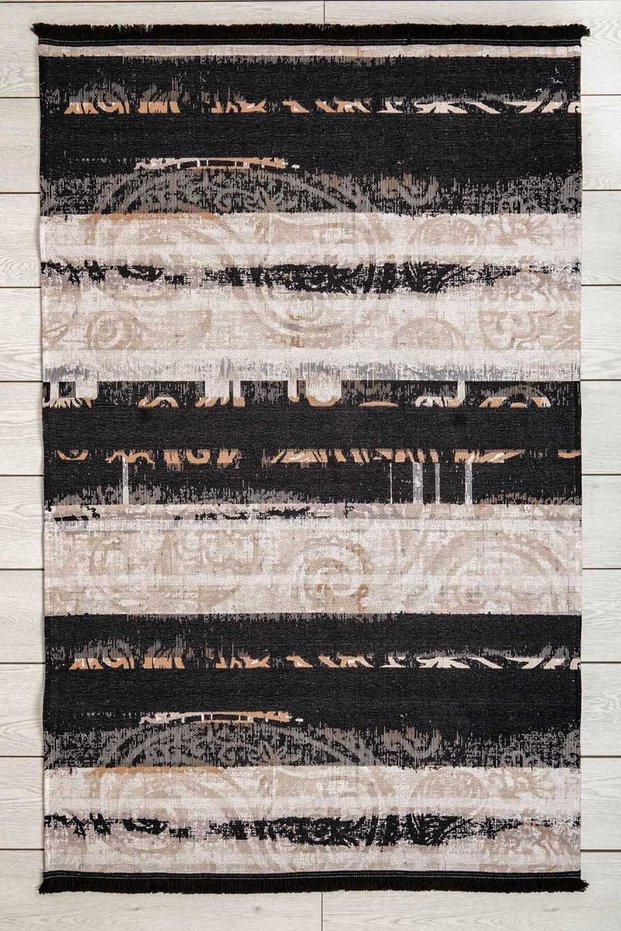 Bohemian Patterned Carpet Black Washable Chenille Machine Carpet Fringed Non-Slip Base Carpet 7513