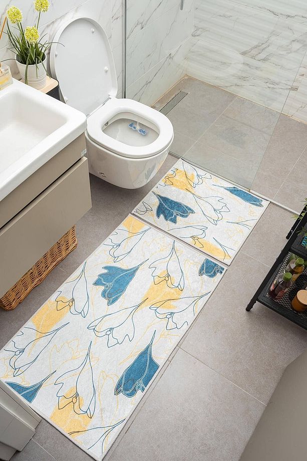 Çiçek Desenli Beyaz Sarı Mavi Kaymaz Taban Yıkanabilir Kadife 2'li Banyo Paspası 8702 - 1