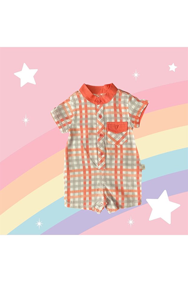 3/6/9 Months Baby Romper - Woven, Front Button and Pocket, Bottom Snaps