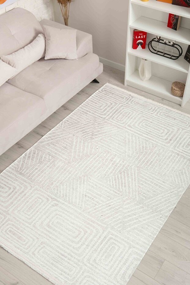 Nordic Patterned Beige Chenille Machine Washable Fringed Non-Slip Base Living Room Carpet 8342