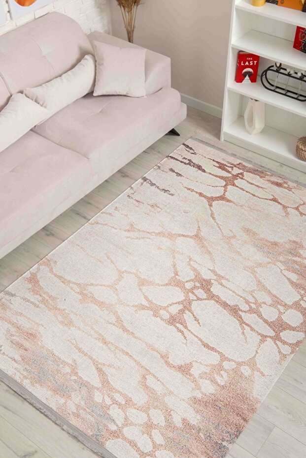 Abstract Patterned Brown Chenille Machine Washable Fringed Non-Slip Base Kitchen Rug 8351