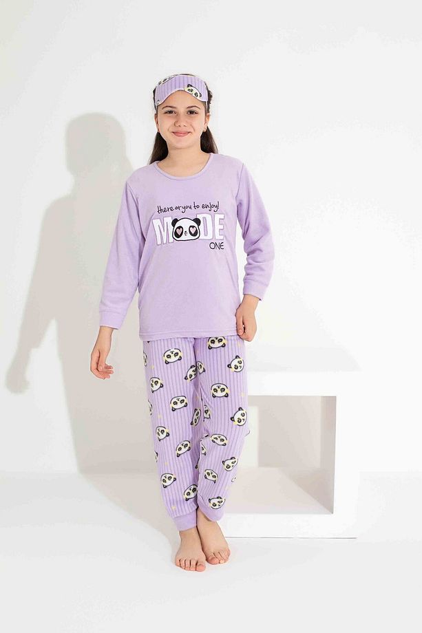Kız Genç VE Çocuk Panda Desenli Uzun Kollu Polar Peluş Kumaş Kışlık Sıcak Tutan Pijama Takımı - 2