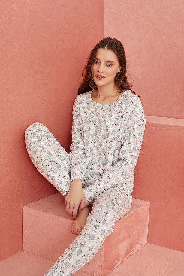 Ekru Fincan Desenli Uzun Kollu Örme Pijama Takım - 1
