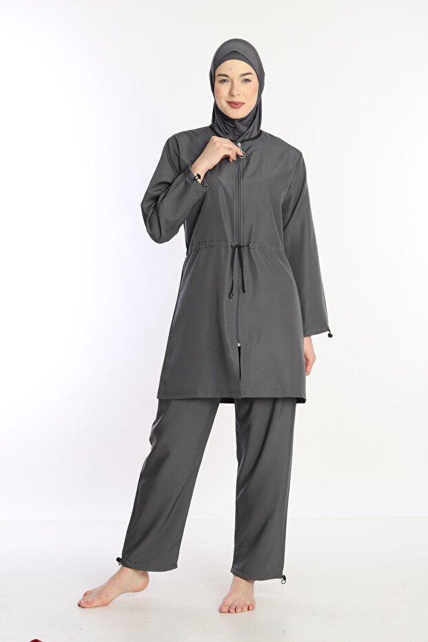 Smoked 4-Piece Fully Covered Water-Repellent Quick-Drying Zippered Parachute Hijab Swimsuit