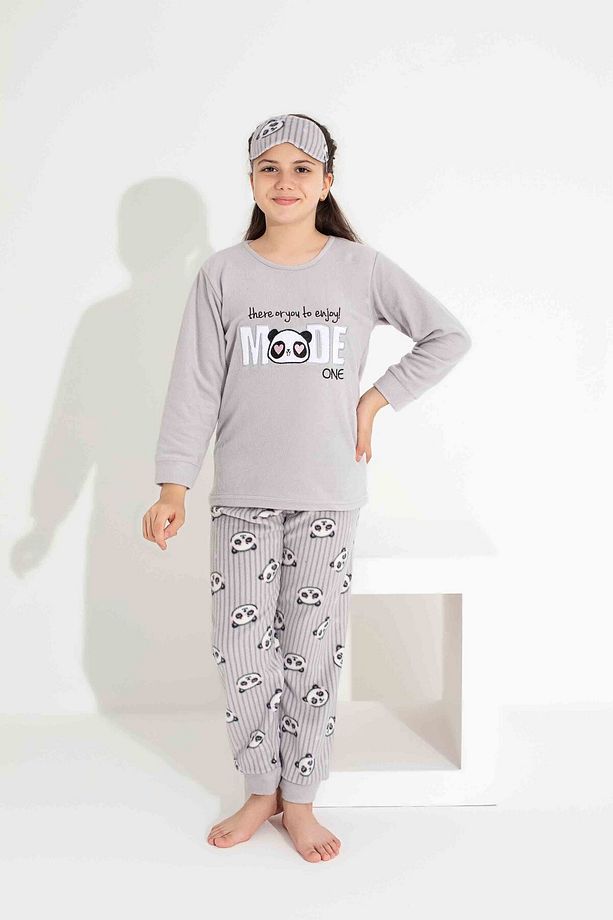 Kız Genç VE Çocuk Panda Desenli Uzun Kollu Polar Peluş Kumaş Kışlık Sıcak Tutan Pijama Takımı - 2