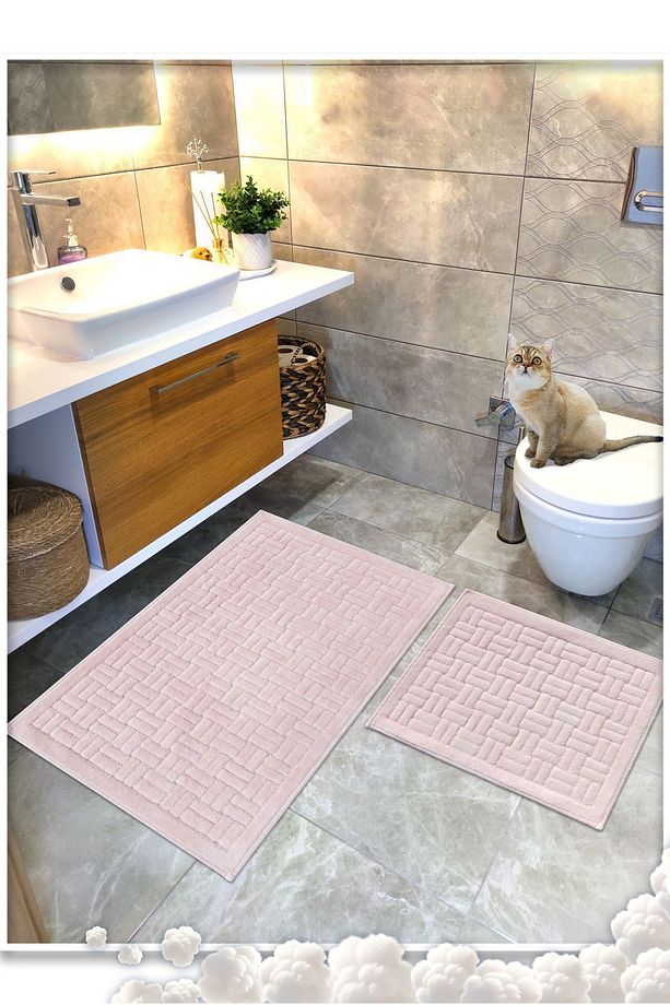 %100 Pamuk Dokuma Banyo Paspas Seti, Banyo Halısı Domino 2 Li Set 60x100 - 60x50 - 1