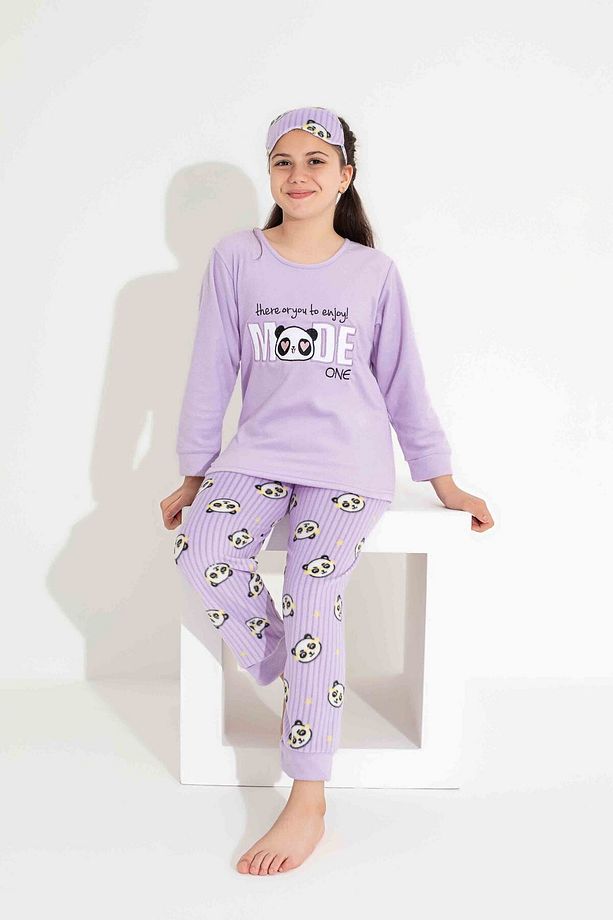 Kız Genç VE Çocuk Panda Desenli Uzun Kollu Polar Peluş Kumaş Kışlık Sıcak Tutan Pijama Takımı - 1