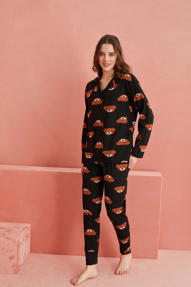 Siyah Ayı Desenli Uzun Kollu Örme Önden Düğmeli Pijama Takım - 2