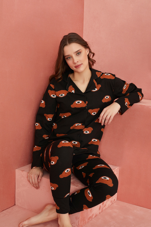 Siyah Ayı Desenli Uzun Kollu Örme Önden Düğmeli Pijama Takım - 1
