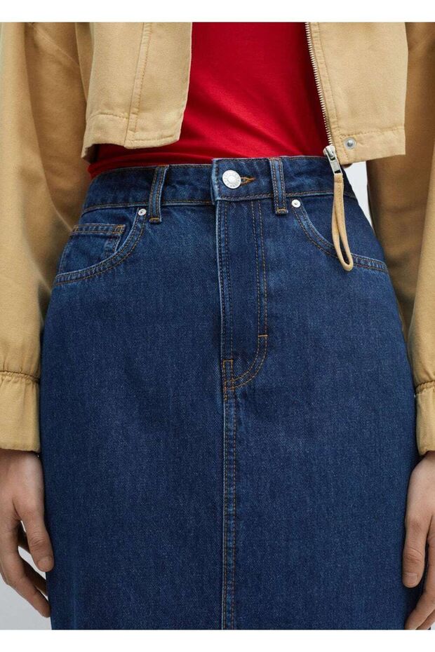 Yırtmaçlı denim etek - 7